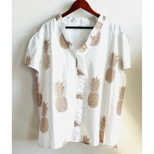 White Pineapple Print Blouse with Ruffle Trim